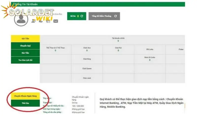 Hướng dẫn nạp tiền Solarbet qua ngân hàng